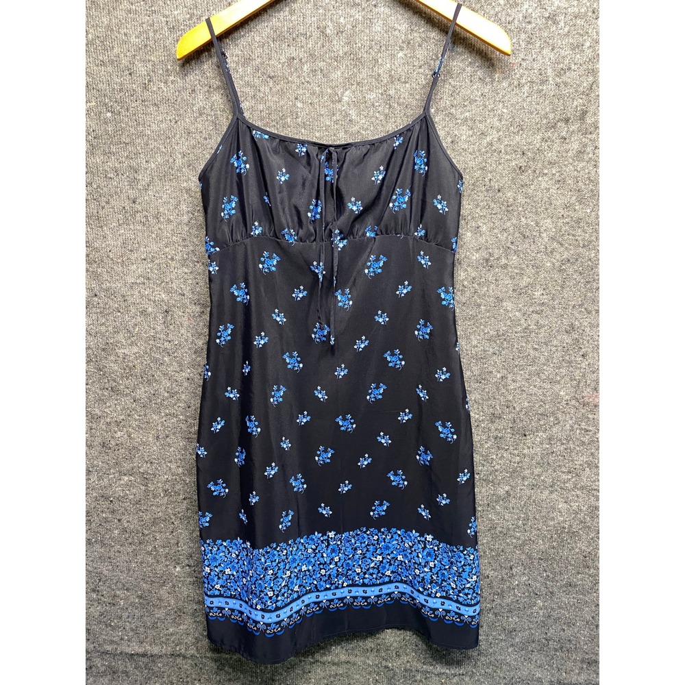 Vintage Fashion Bug Black Blue Floral Slip Dress Empire Waist Tie Front Size 6